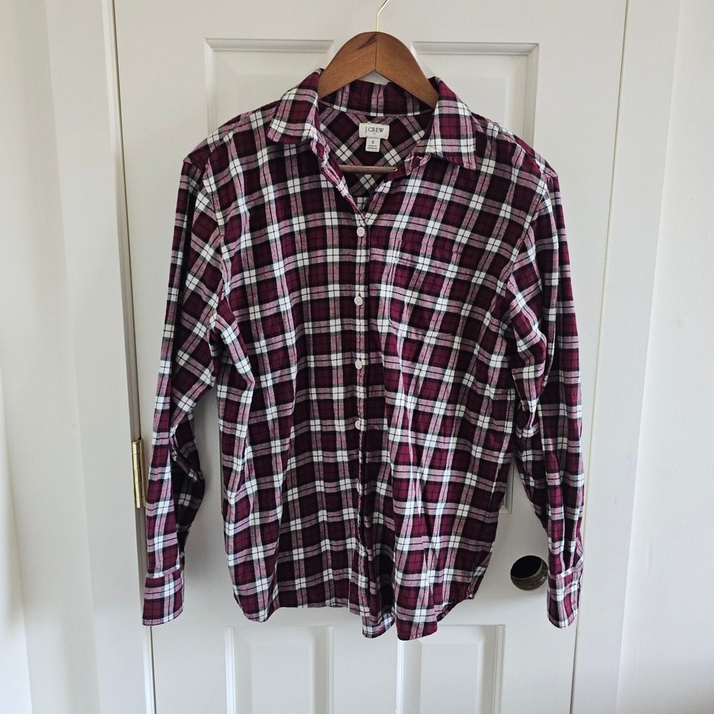 J.Crew Womens Small Burgundy Plaid Flannel Button Down Shirt Long Sleeve Cotton